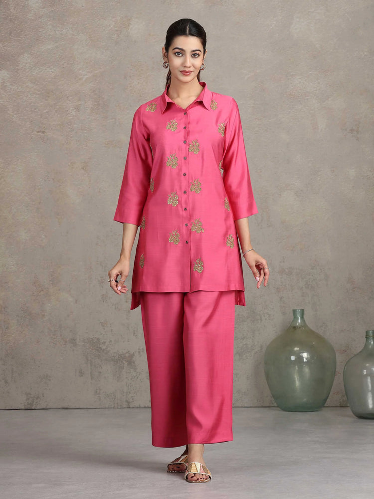 Pink Floral Embroidered Straight Co-ord Set