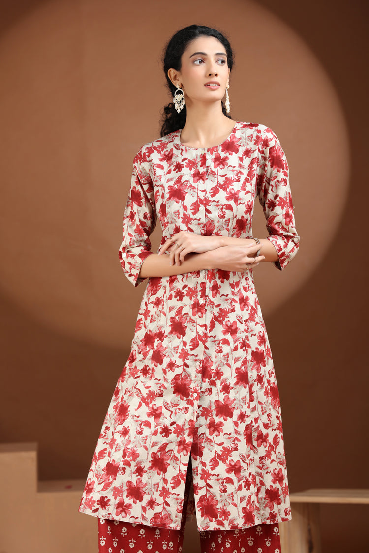 Pink Floral Printed A-Line Cotton Co-ord Set