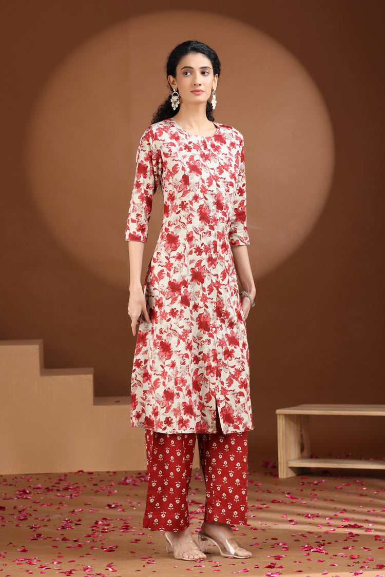 Pink Floral Printed A-Line Cotton Co-ord Set