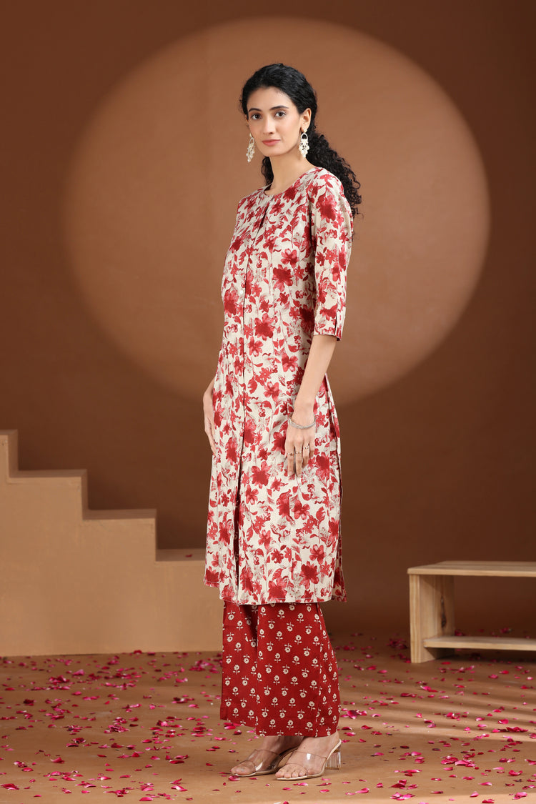 Pink Floral Printed A-Line Cotton Co-ord Set