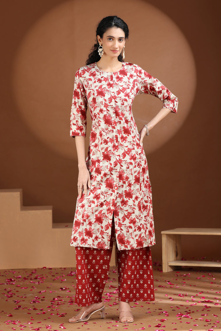 Pink Floral Printed A-Line Cotton Co-ord Set