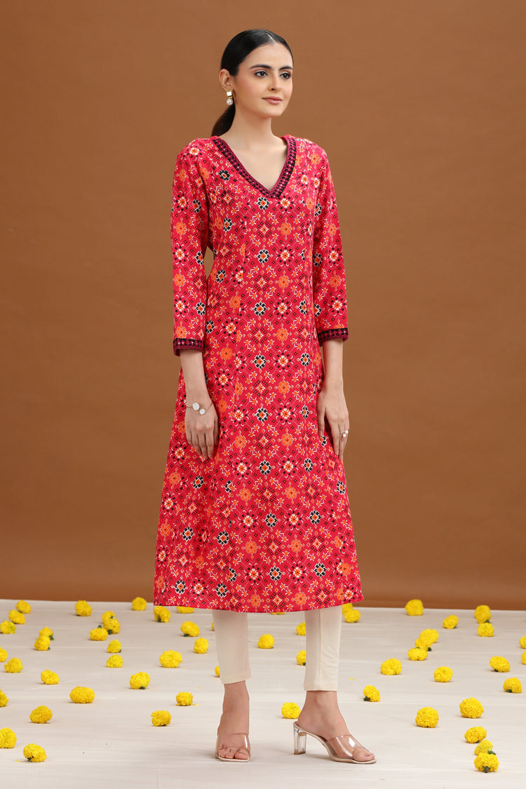 Pink Geometric Printed A-Line Kurta