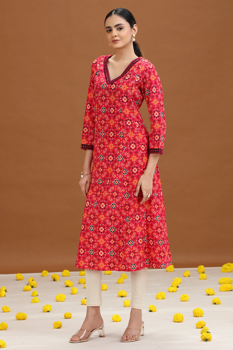 Pink Geometric Printed A-Line Kurta
