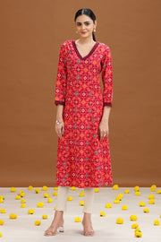 Pink Geometric Printed A-Line Kurta