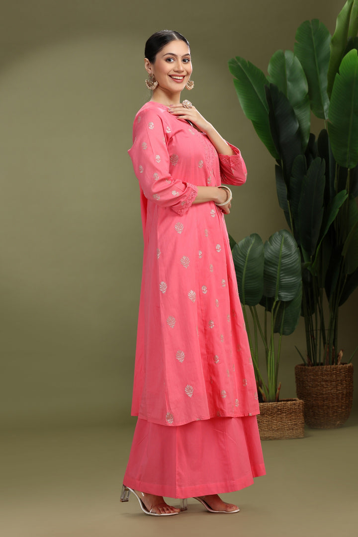 Pink Mulmul Embroidered A Line Kurta Pant Co ord Set
