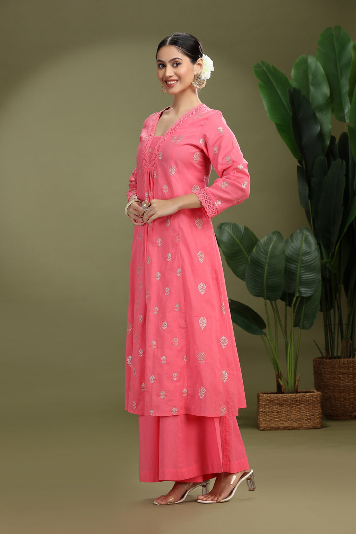 Pink Mulmul Embroidered A Line Kurta Pant Co ord Set