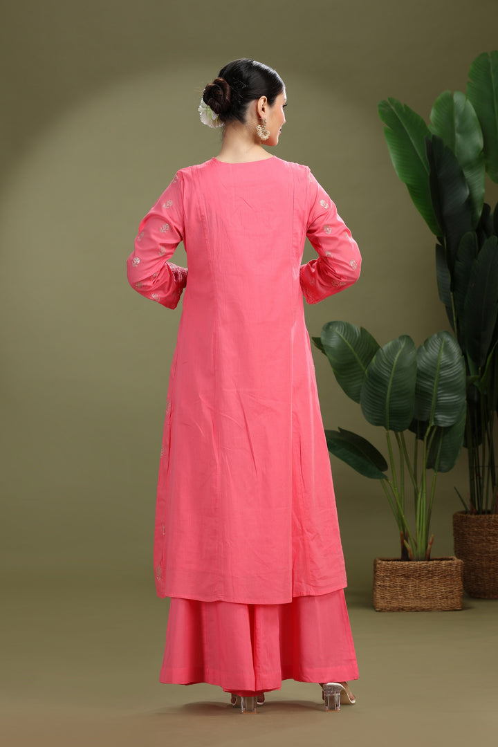 Pink Mulmul Embroidered A Line Kurta Pant Co ord Set
