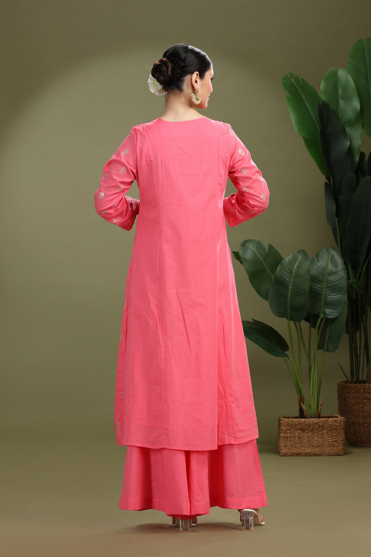 Pink Mulmul Embroidered A Line Kurta Pant Co ord Set