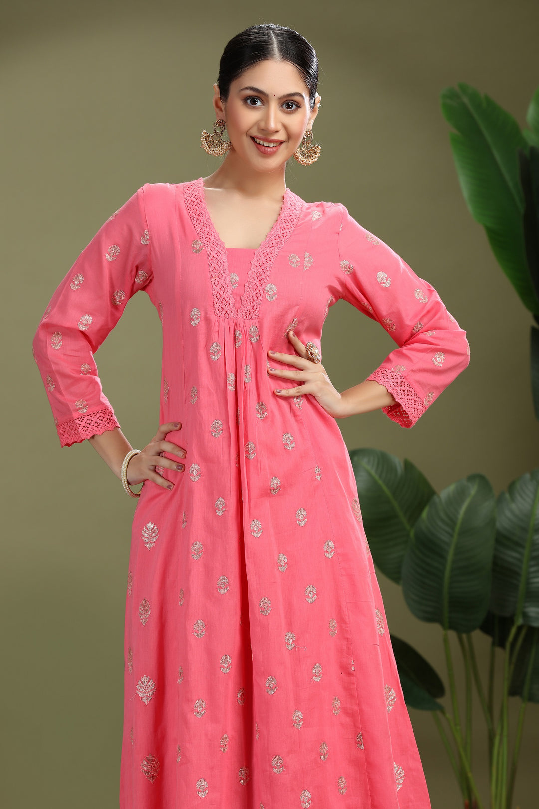 Pink Mulmul Embroidered A Line Kurta Pant Co ord Set