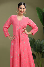Pink Mulmul Embroidered A Line Kurta Pant Co ord Set