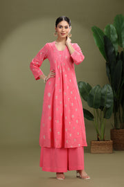 Pink Mulmul Embroidered A Line Kurta Pant Co ord Set