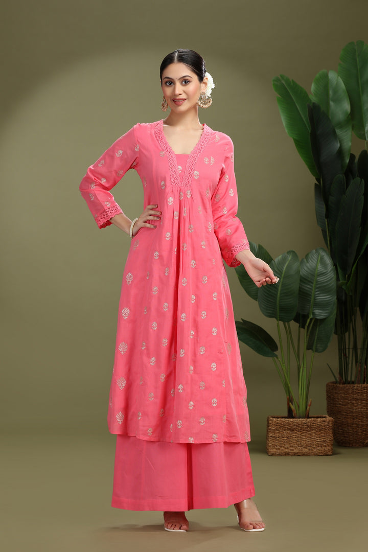 Pink Mulmul Embroidered A Line Kurta Pant Co ord Set