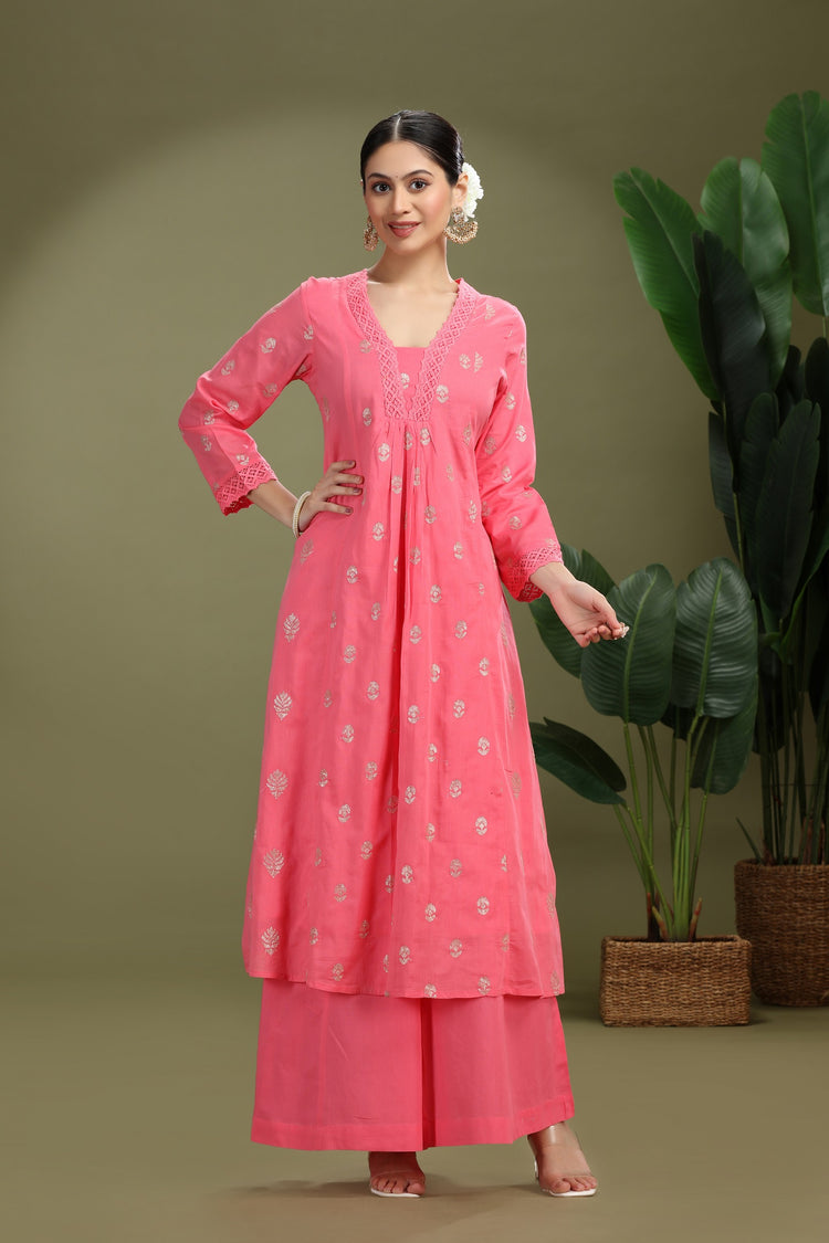 Pink Mulmul Embroidered A Line Kurta Pant Co ord Set