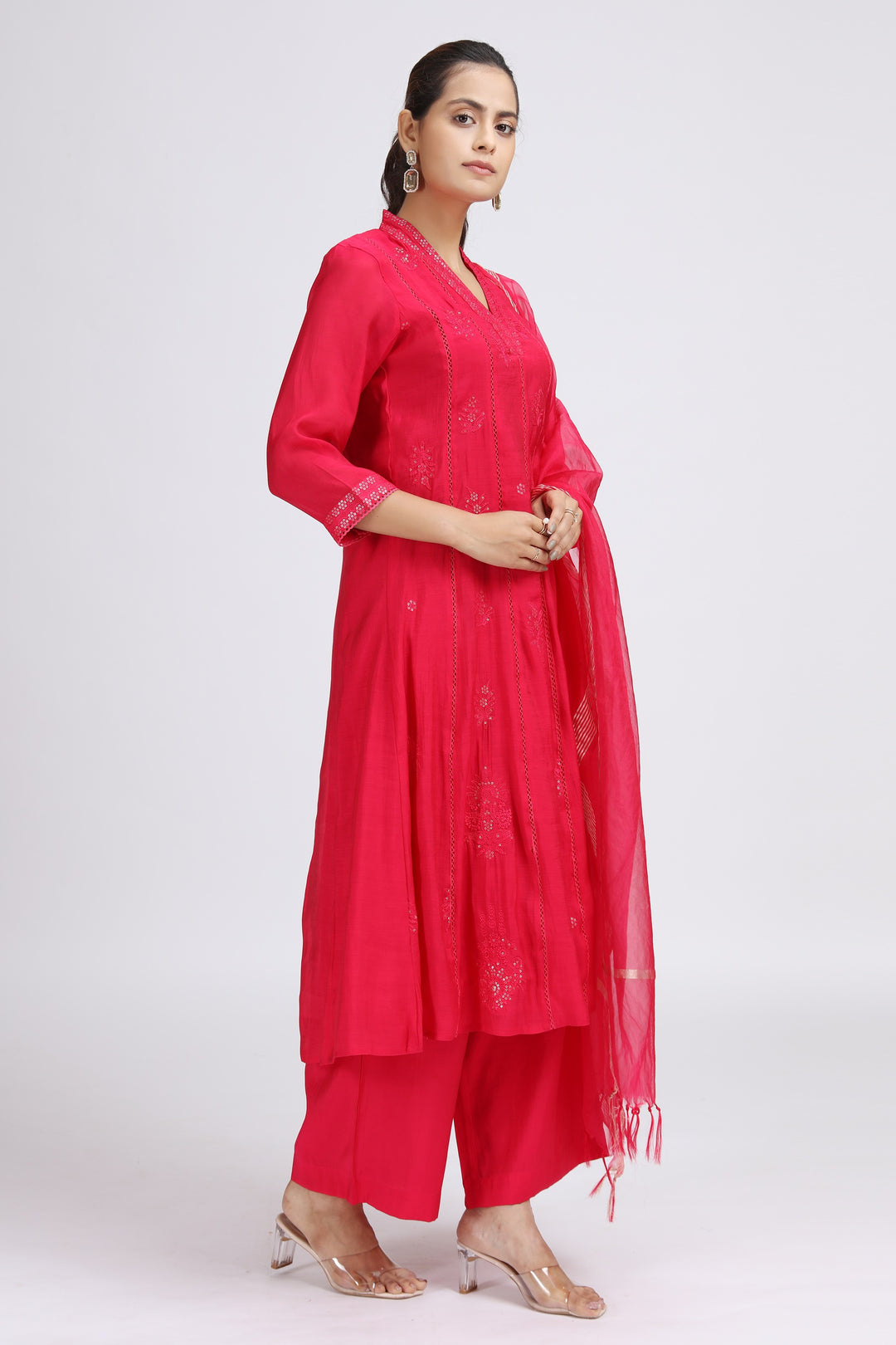 Pink PolySilk Embroidered A Line Kurta Pant and Dupatta Suit Set