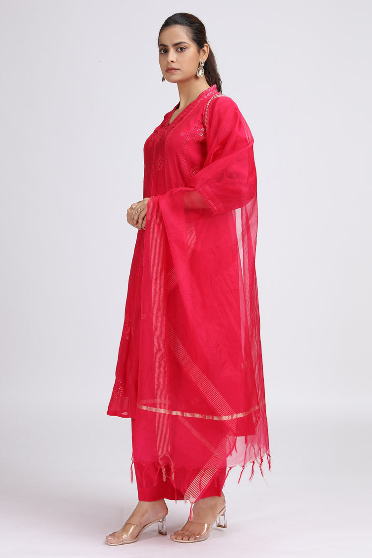 Pink PolySilk Embroidered A Line Kurta Pant and Dupatta Suit Set