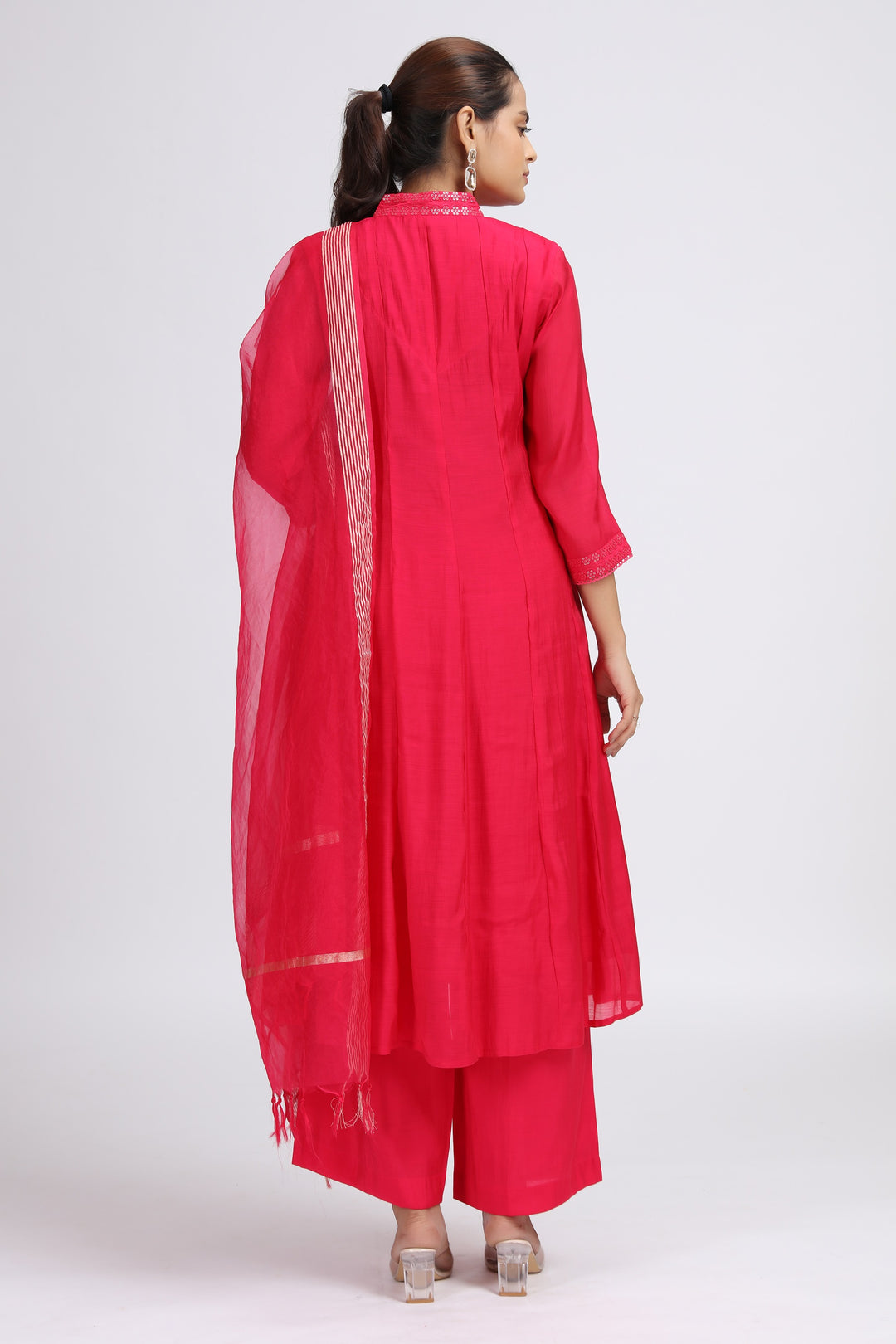 Pink PolySilk Embroidered A Line Kurta Pant and Dupatta Suit Set