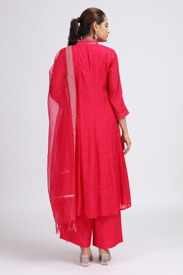 Pink PolySilk Embroidered A Line Kurta Pant and Dupatta Suit Set