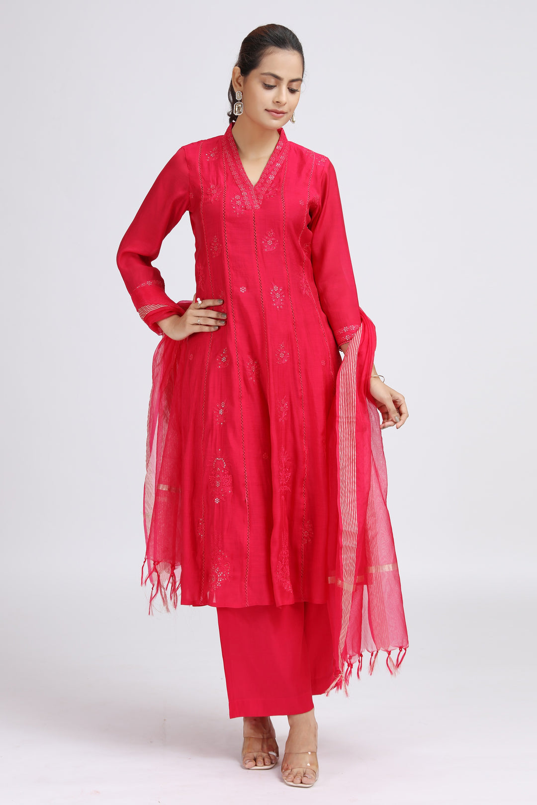 Pink PolySilk Embroidered A Line Kurta Pant and Dupatta Suit Set