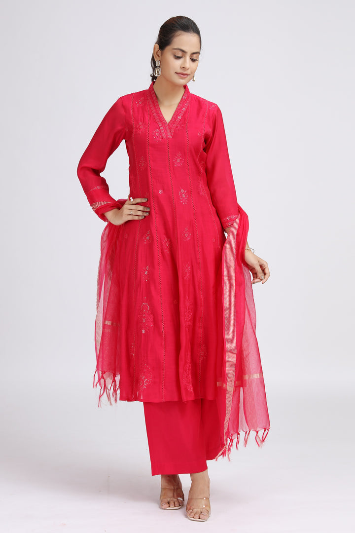 Pink PolySilk Embroidered A Line Kurta Pant and Dupatta Suit Set