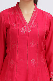 Pink PolySilk Embroidered A Line Kurta Pant and Dupatta Suit Set