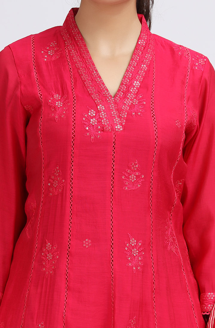 Pink PolySilk Embroidered A Line Kurta Pant and Dupatta Suit Set