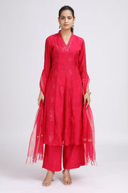 Pink PolySilk Embroidered A Line Kurta Pant and Dupatta Suit Set
