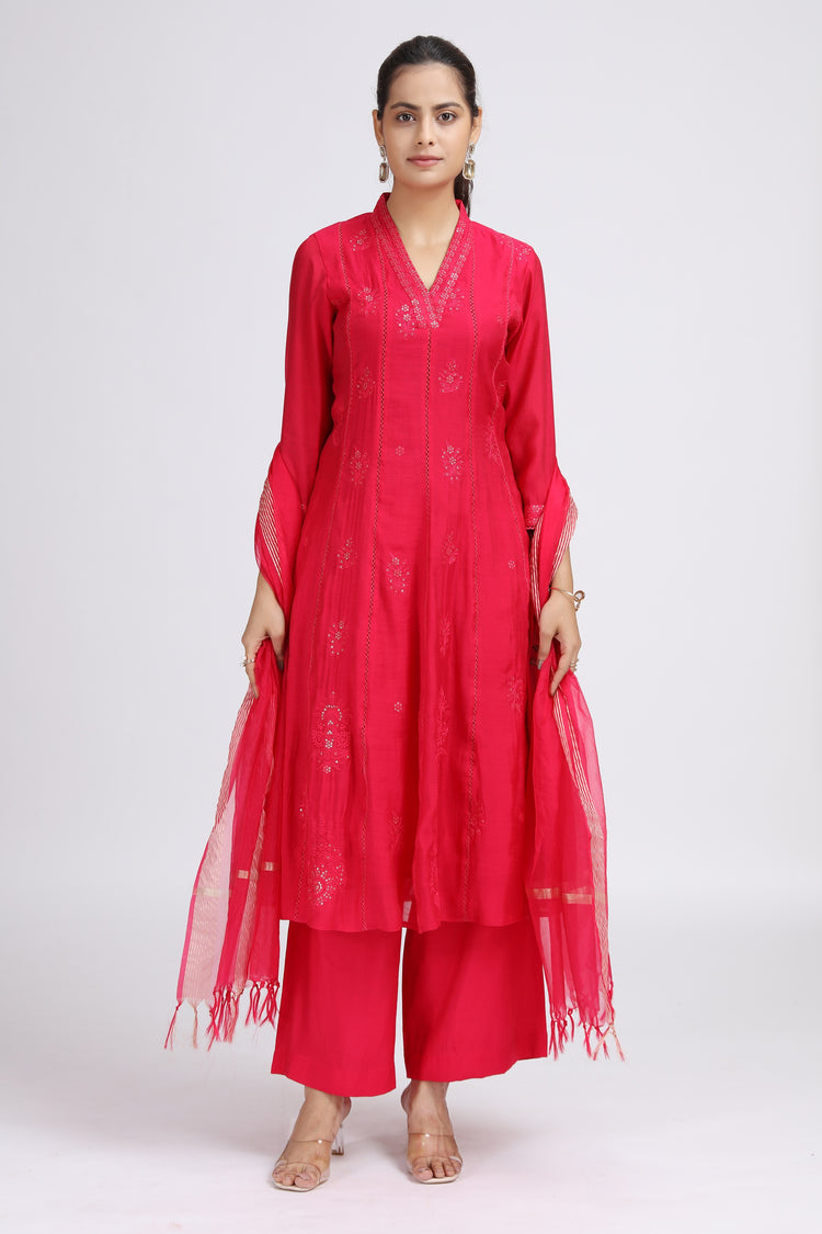 Pink PolySilk Embroidered A Line Kurta Pant and Dupatta Suit Set