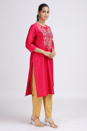 Pink PolySilk Straight Embroidered Kurta
