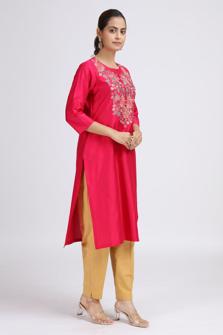 Pink PolySilk Straight Embroidered Kurta
