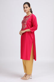 Pink PolySilk Straight Embroidered Kurta