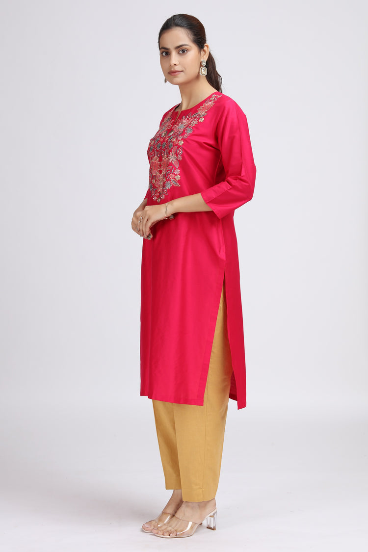 Pink PolySilk Straight Embroidered Kurta