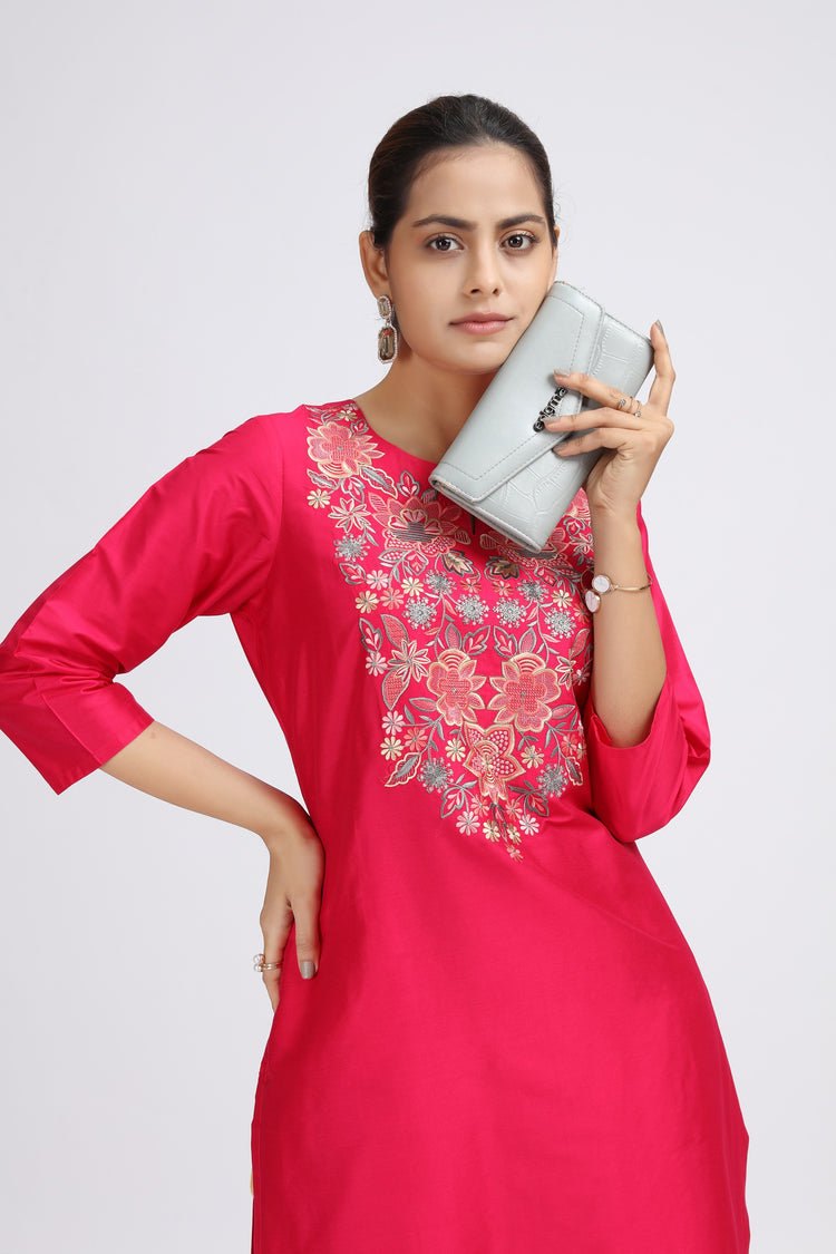 Pink PolySilk Straight Embroidered Kurta