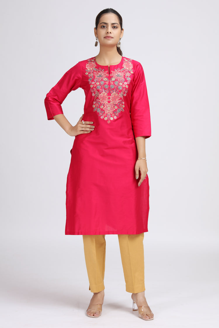 Pink PolySilk Straight Embroidered Kurta