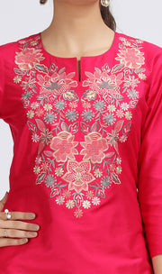 Pink PolySilk Straight Embroidered Kurta