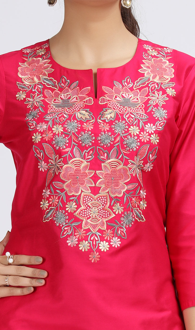Pink PolySilk Straight Embroidered Kurta
