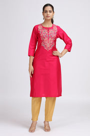Pink PolySilk Straight Embroidered Kurta