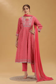 Pink Print & Embroidered Jaipuri Cotton A Line Kurta Pant and Dupatta Suit Set for women