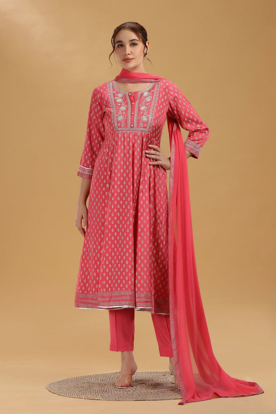 Pink Print & Embroidered Jaipuri Cotton A Line Kurta Pant and Dupatta Suit Set for women