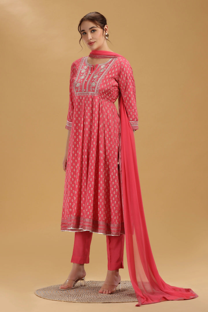 Pink Print & Embroidered Jaipuri Cotton A Line Kurta Pant and Dupatta Suit Set for women