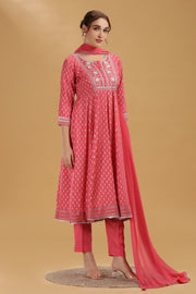 Pink Print & Embroidered Jaipuri Cotton A Line Kurta Pant and Dupatta Suit Set for women