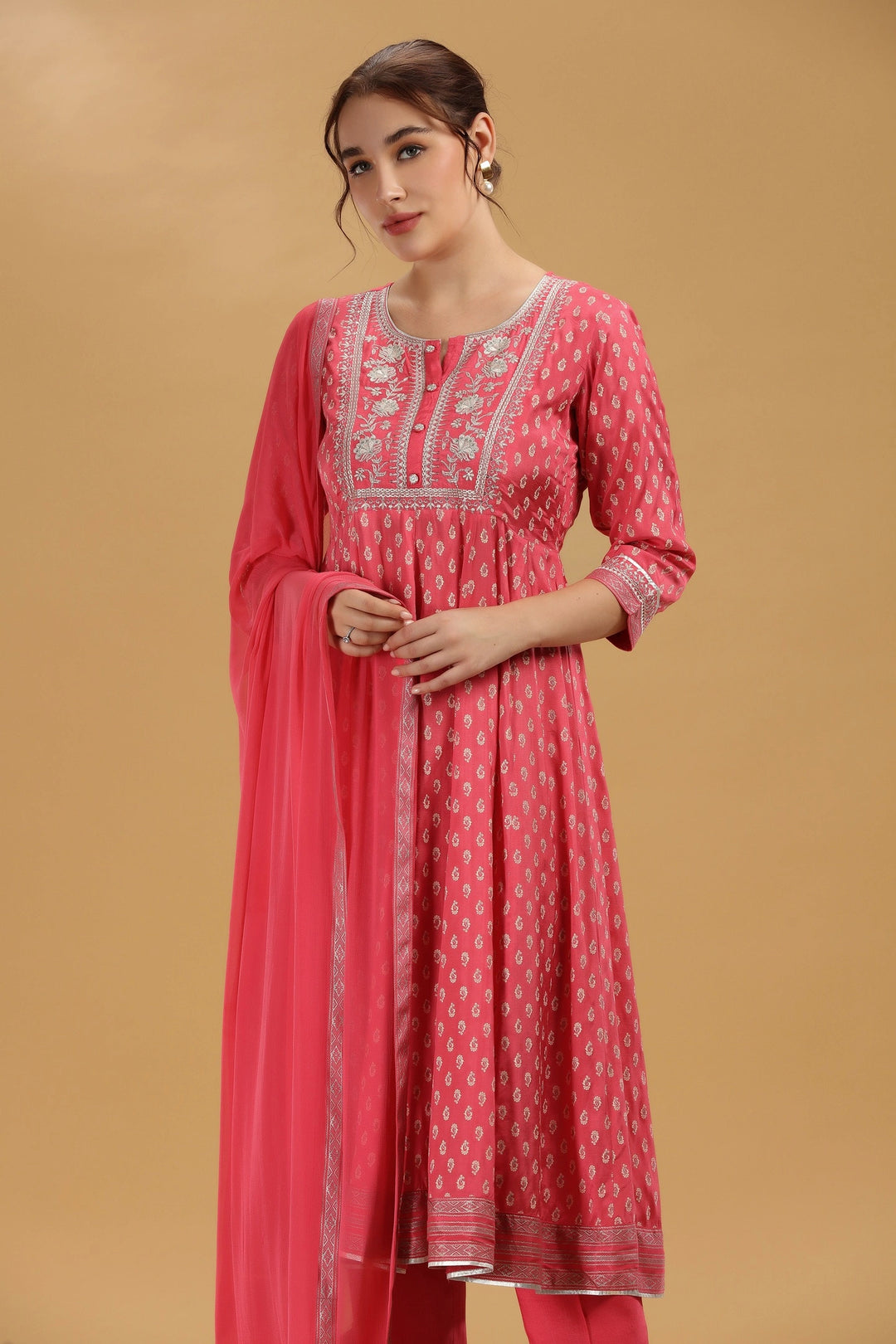 Pink Print & Embroidered Jaipuri Cotton A Line Kurta Pant and Dupatta Suit Set for women