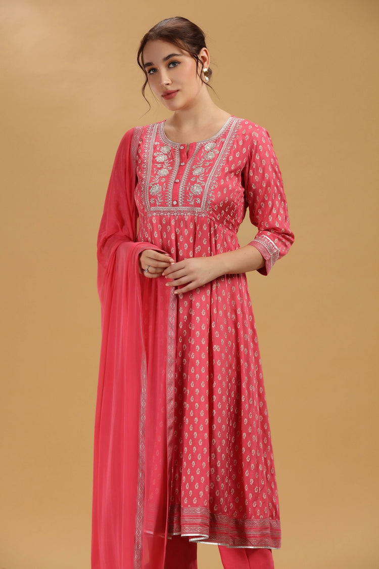 Pink Print & Embroidered Jaipuri Cotton A Line Kurta Pant and Dupatta Suit Set for women