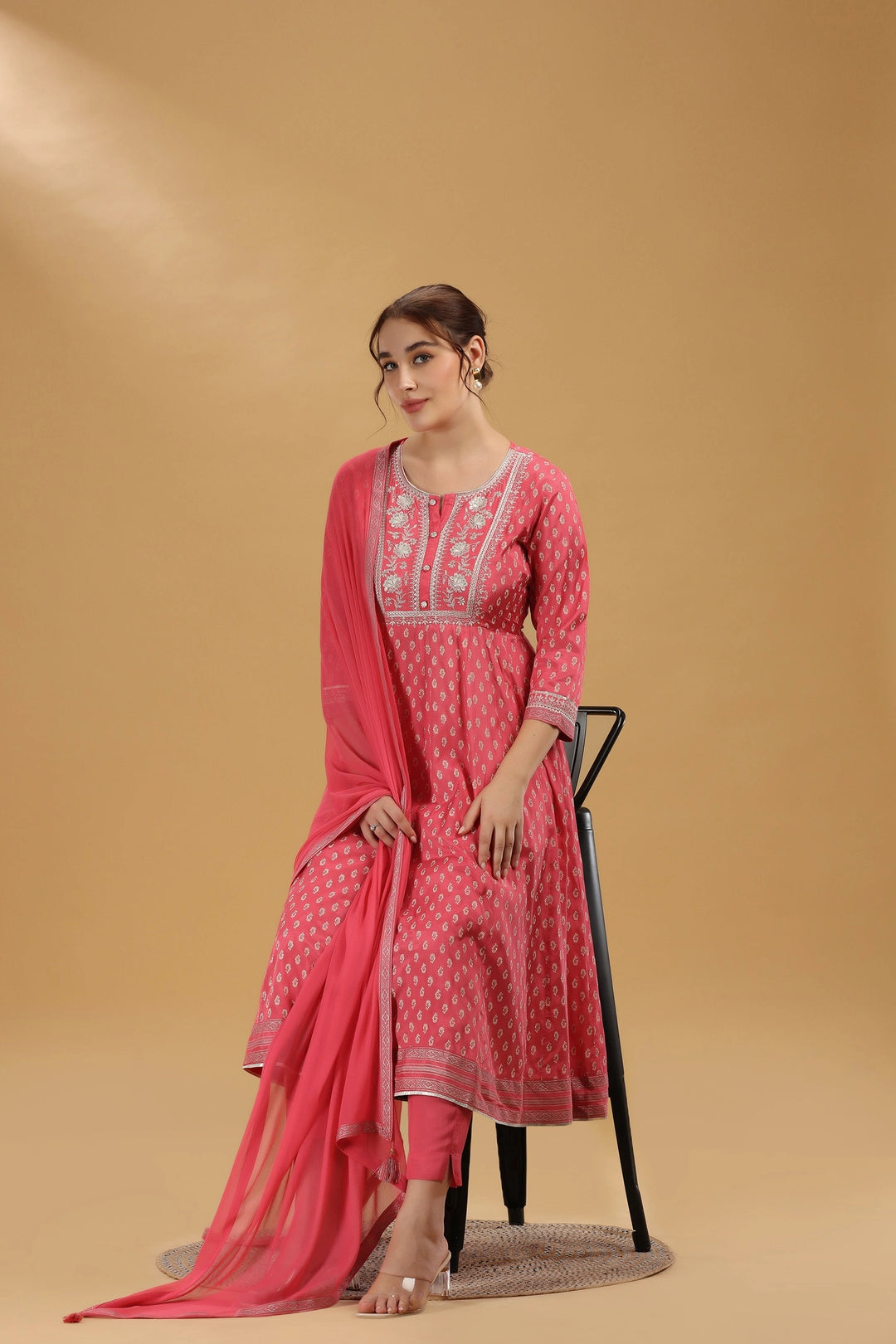 Pink Print & Embroidered Jaipuri Cotton A Line Kurta Pant and Dupatta Suit Set for women