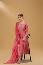 Pink Print & Embroidered Jaipuri Cotton A Line Kurta Pant and Dupatta Suit Set for women
