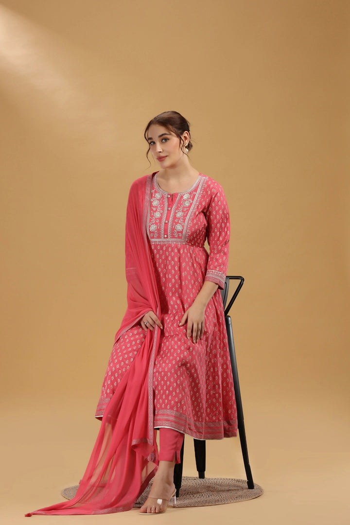 Pink Print & Embroidered Jaipuri Cotton A Line Kurta Pant and Dupatta Suit Set for women