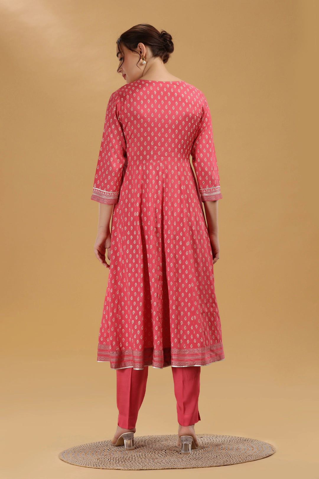 Pink Print & Embroidered Jaipuri Cotton A Line Kurta Pant and Dupatta Suit Set for women