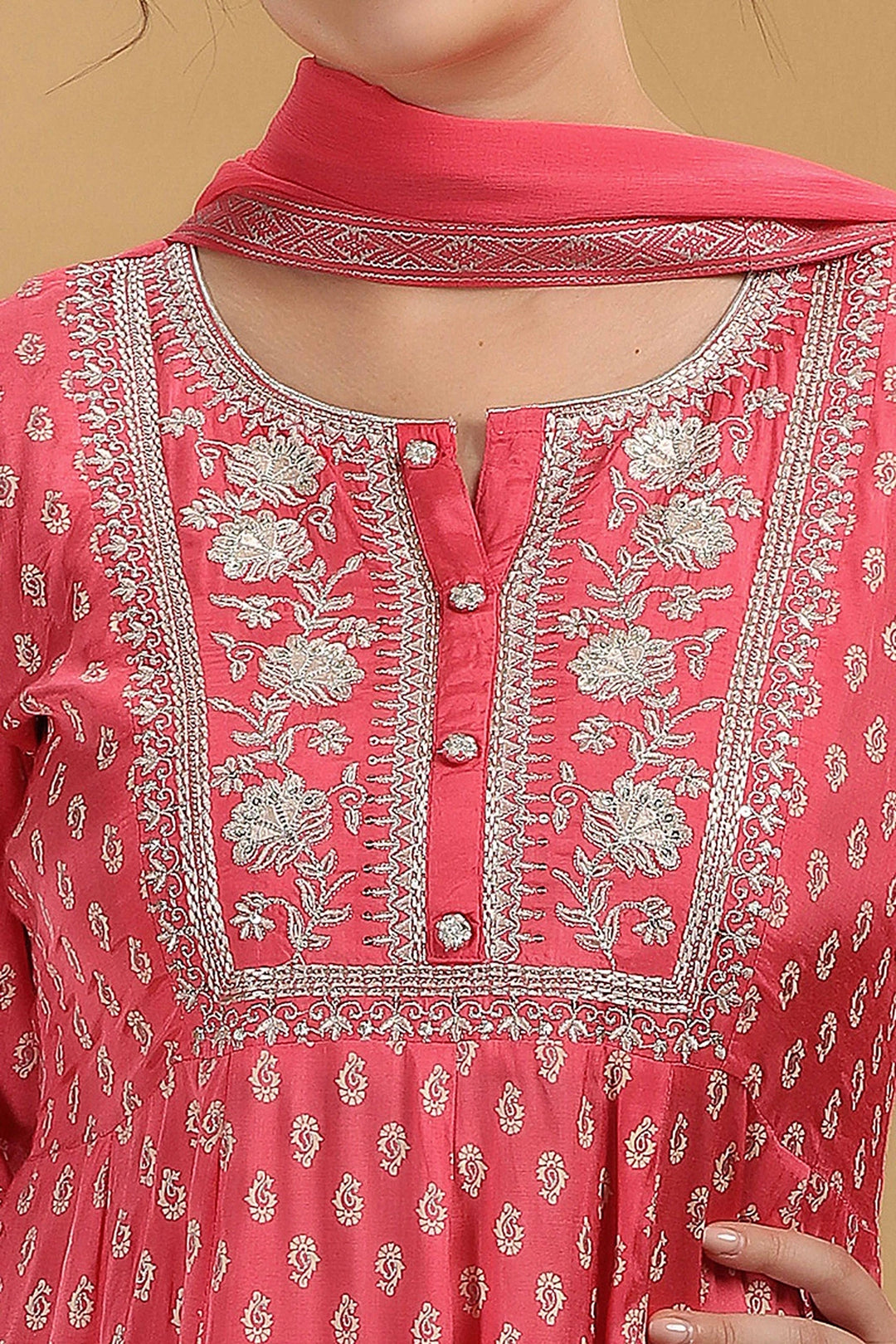 Pink Print & Embroidered Jaipuri Cotton A Line Kurta Pant and Dupatta Suit Set for women