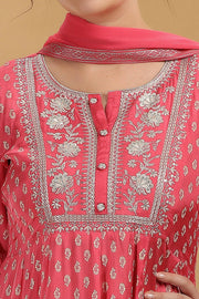 Pink Print & Embroidered Jaipuri Cotton A Line Kurta Pant and Dupatta Suit Set for women
