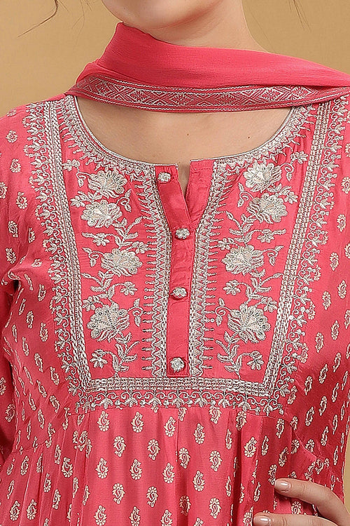 Pink Print & Embroidered Jaipuri Cotton A Line Kurta Pant and Dupatta Suit Set for women