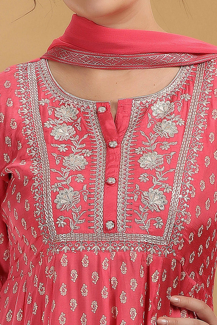 Pink Print & Embroidered Jaipuri Cotton A Line Kurta Pant and Dupatta Suit Set for women